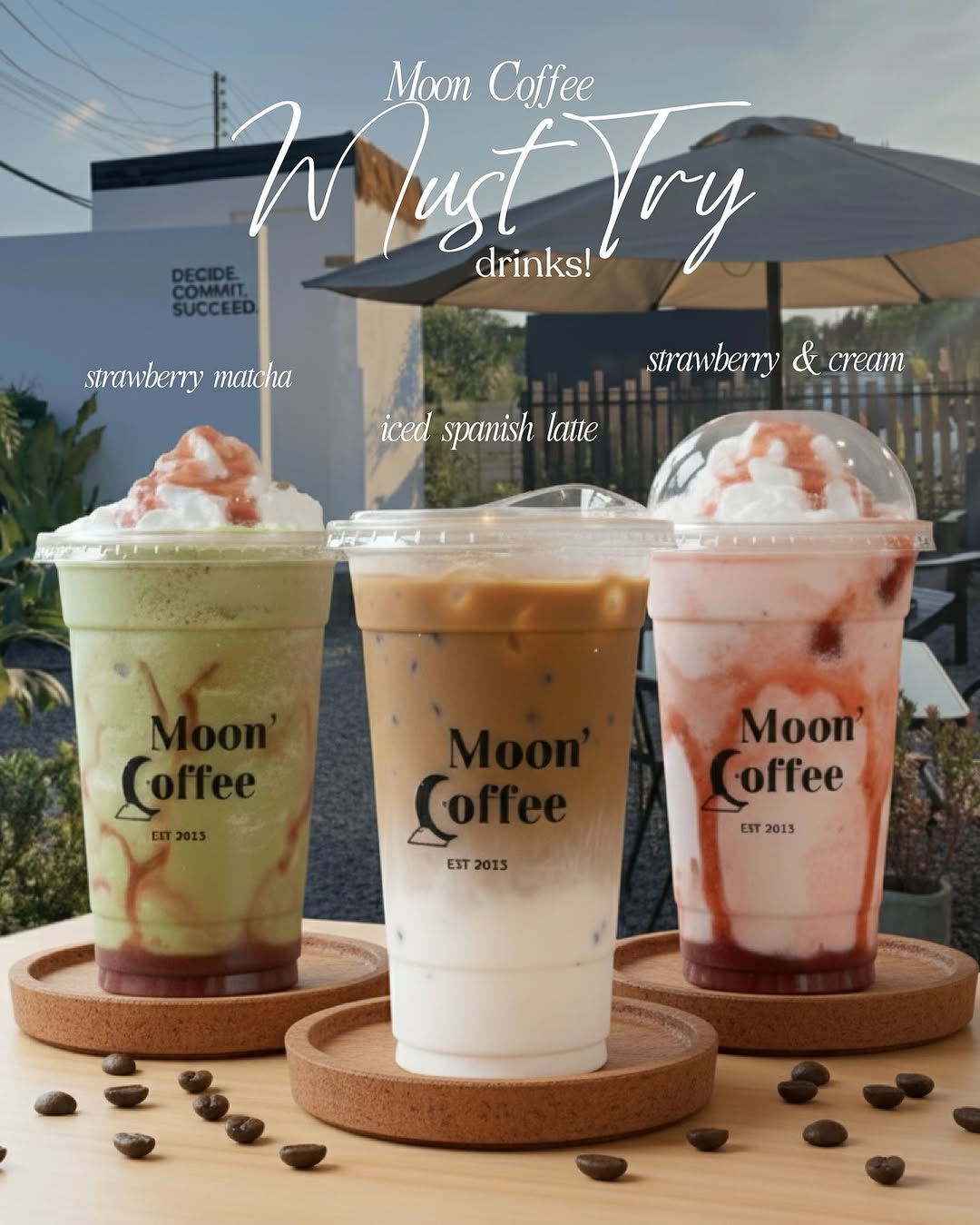 Strawberry Matcha, Iced Spanish Latte, and Strawberry and Cream drinks at Moon Coffee